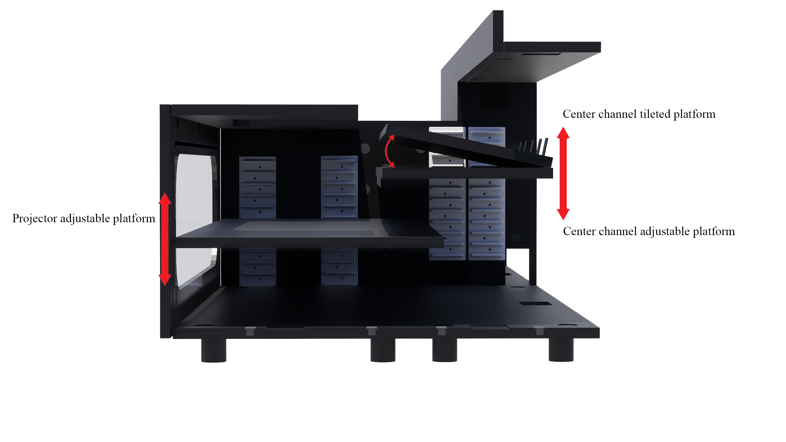 High Profile Black Cabinet designed for integrating Ultra Short Throw Projector,Center Channel and Floor raising screen with elegant doors.