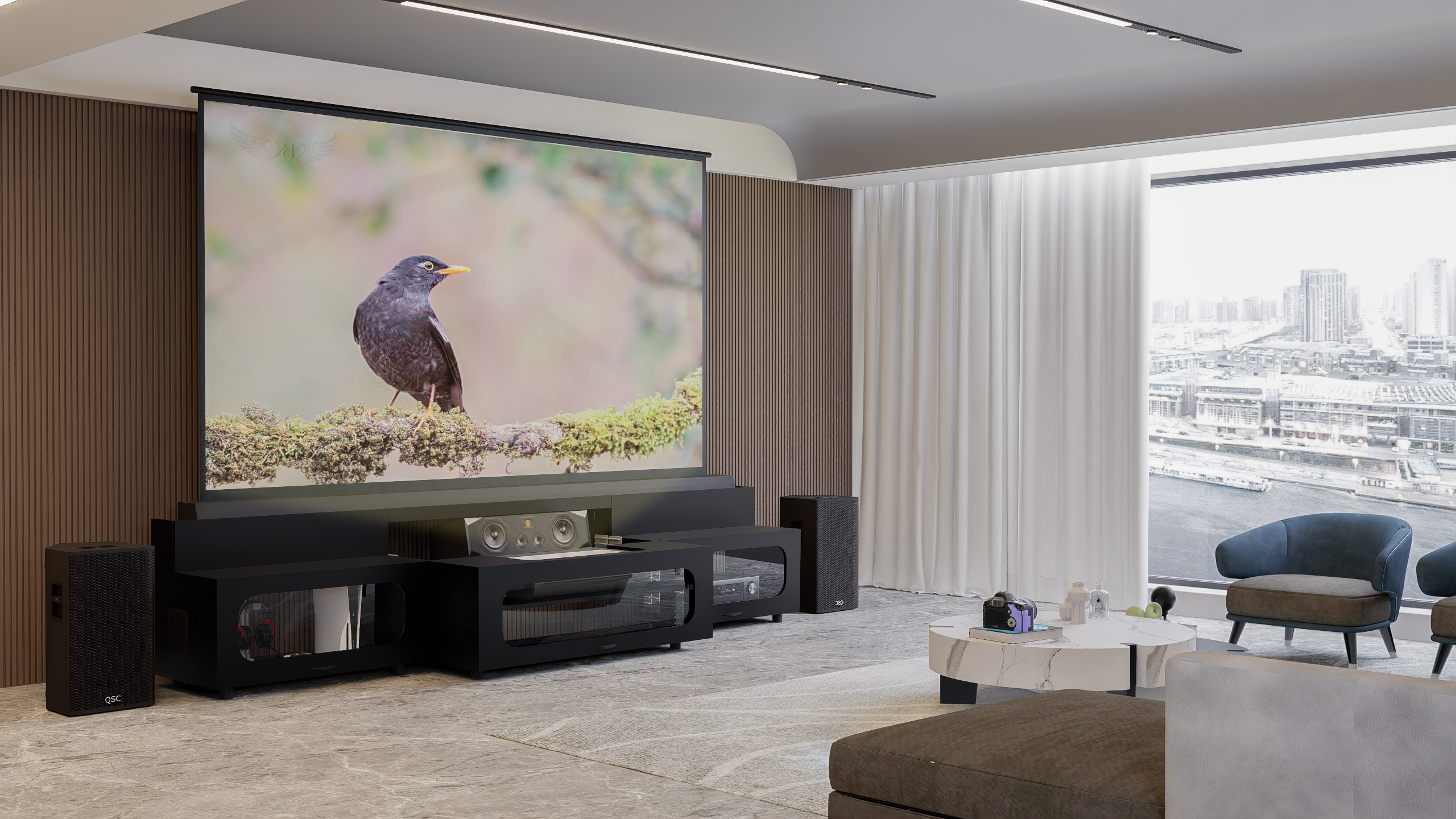 High Profile Black Cabinet designed for integrating Ultra Short Throw Projector,Center Channel and Floor raising screen with elegant doors.