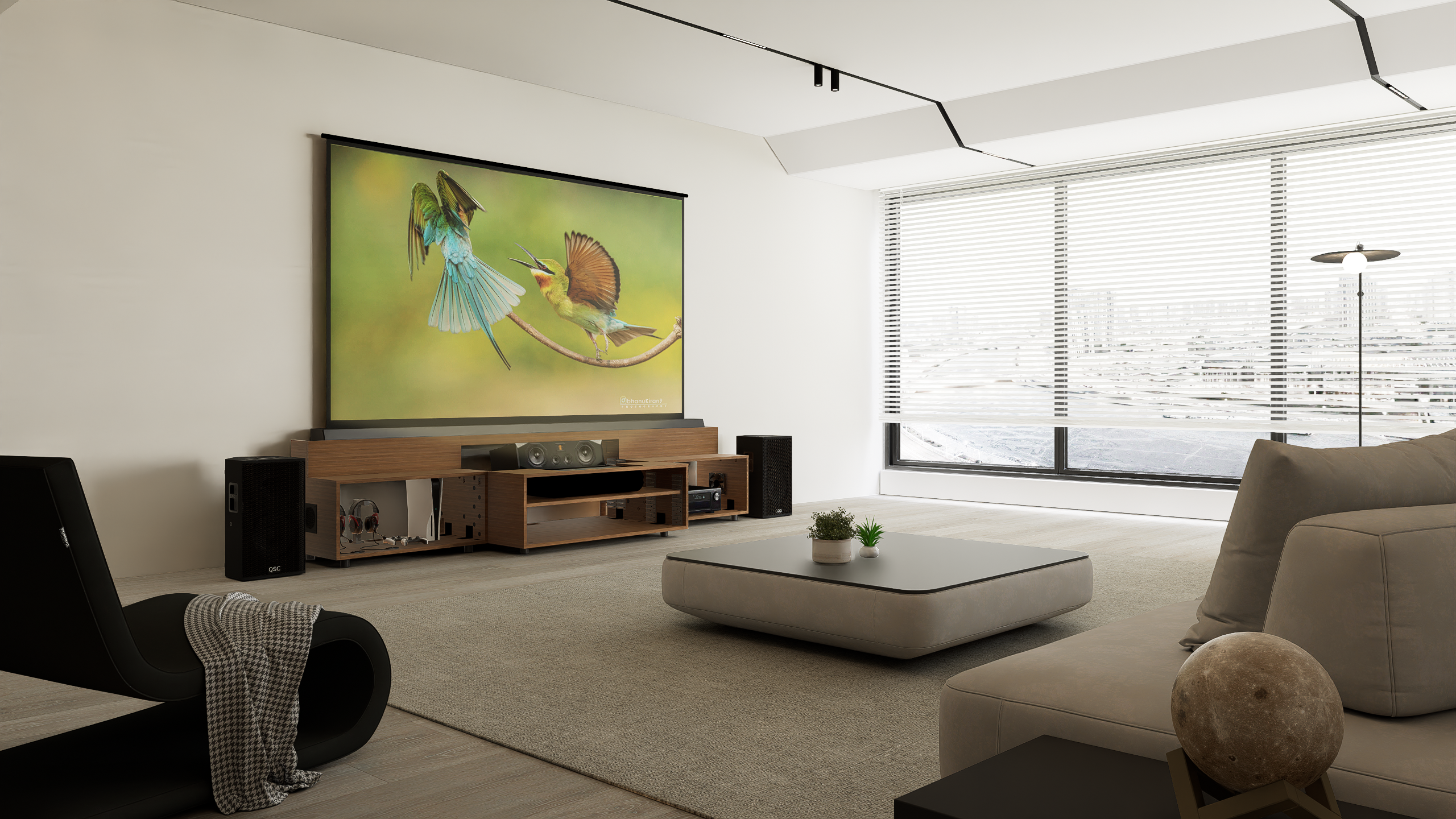 High Profile Sierra walnut Cabinet designed for integrating Ultra Short Throw Projector,Center Channel and Floor raising screen with Open doors.