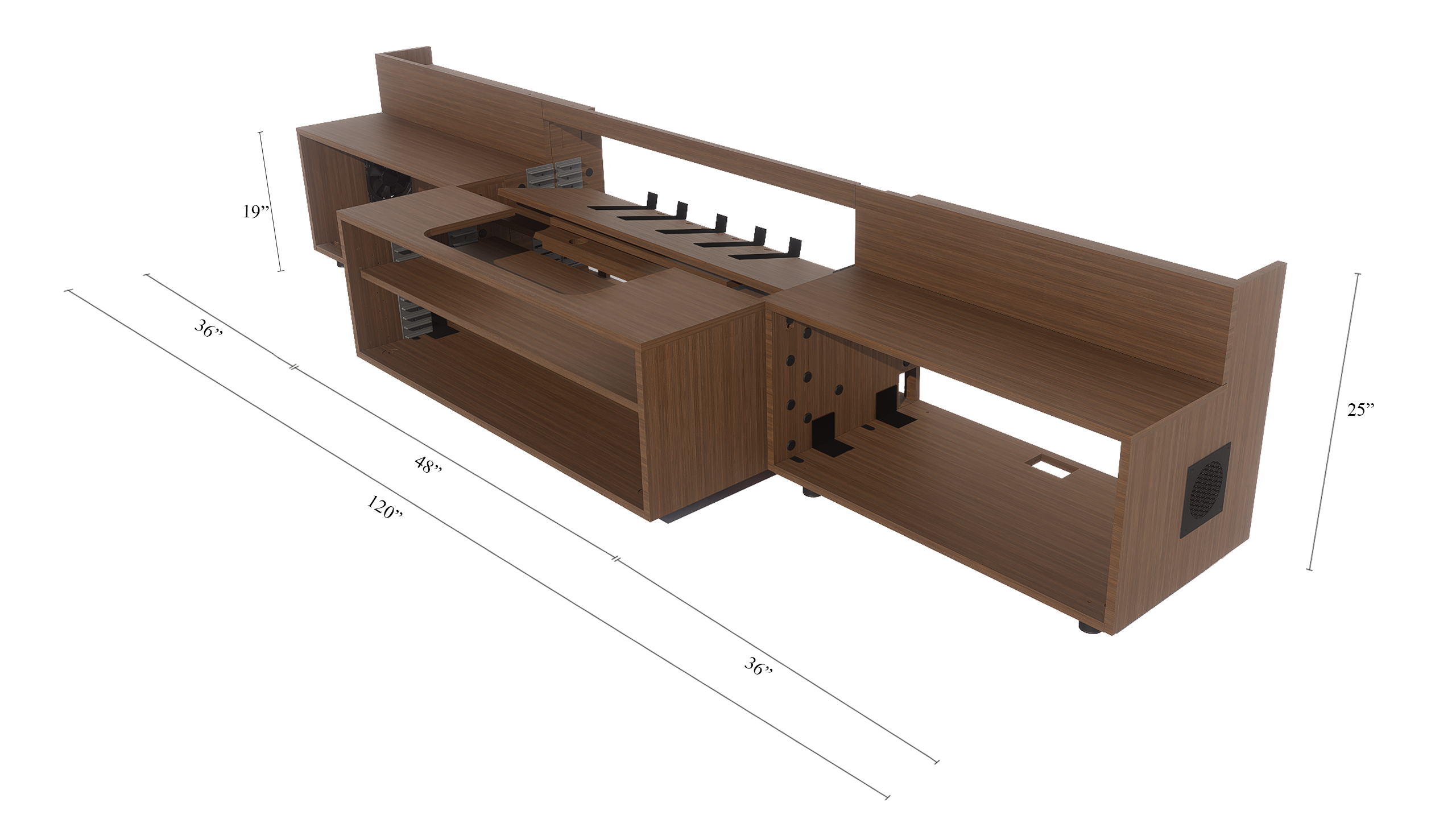 High Profile Sierra walnut Cabinet designed for integrating Ultra Short Throw Projector,Center Channel and Floor raising screen with Open doors.