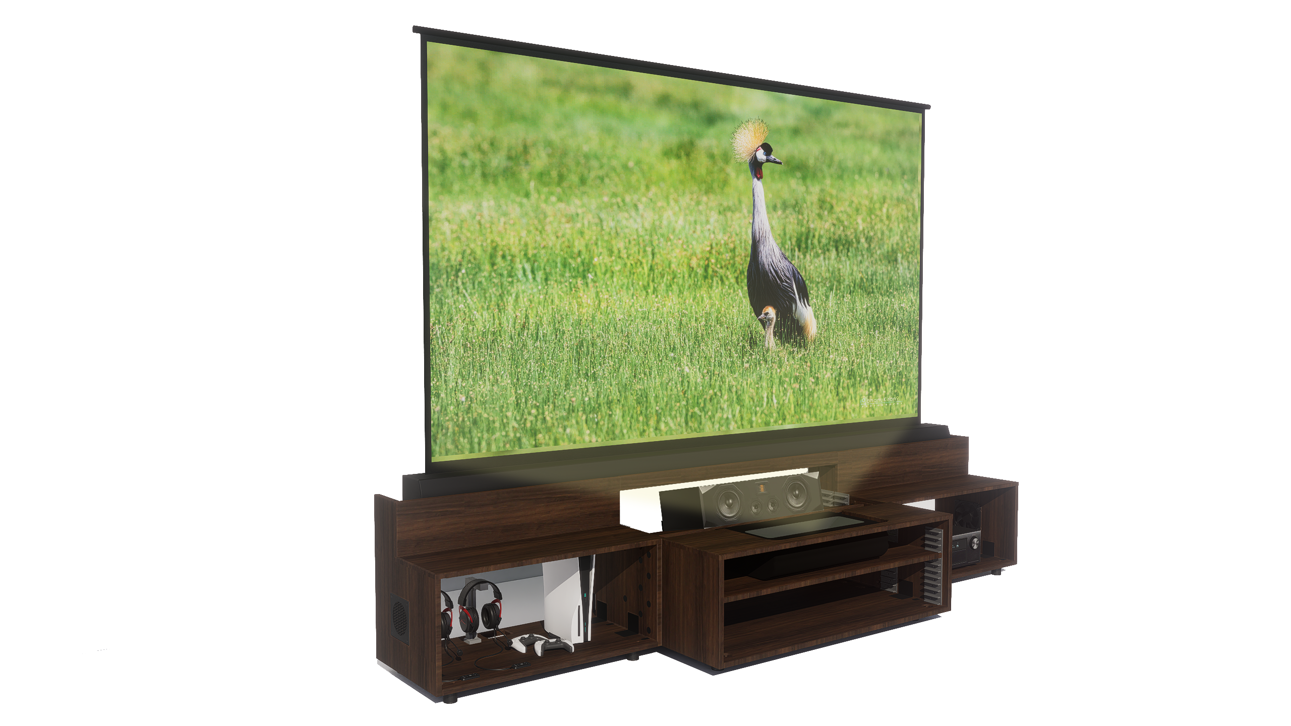 High Profile Columbian walnut Cabinet designed for integrating Ultra Short Throw Projector,Center Channel and Floor raising screen with Open doors.