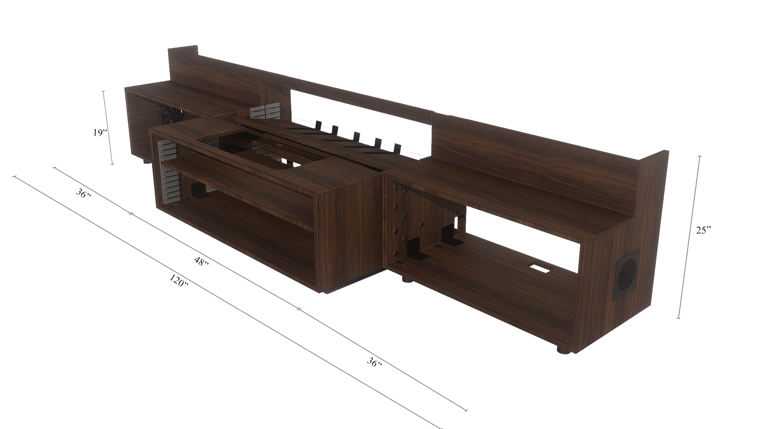 High Profile Columbian walnut Cabinet designed for integrating Ultra Short Throw Projector,Center Channel and Floor raising screen with Open doors.