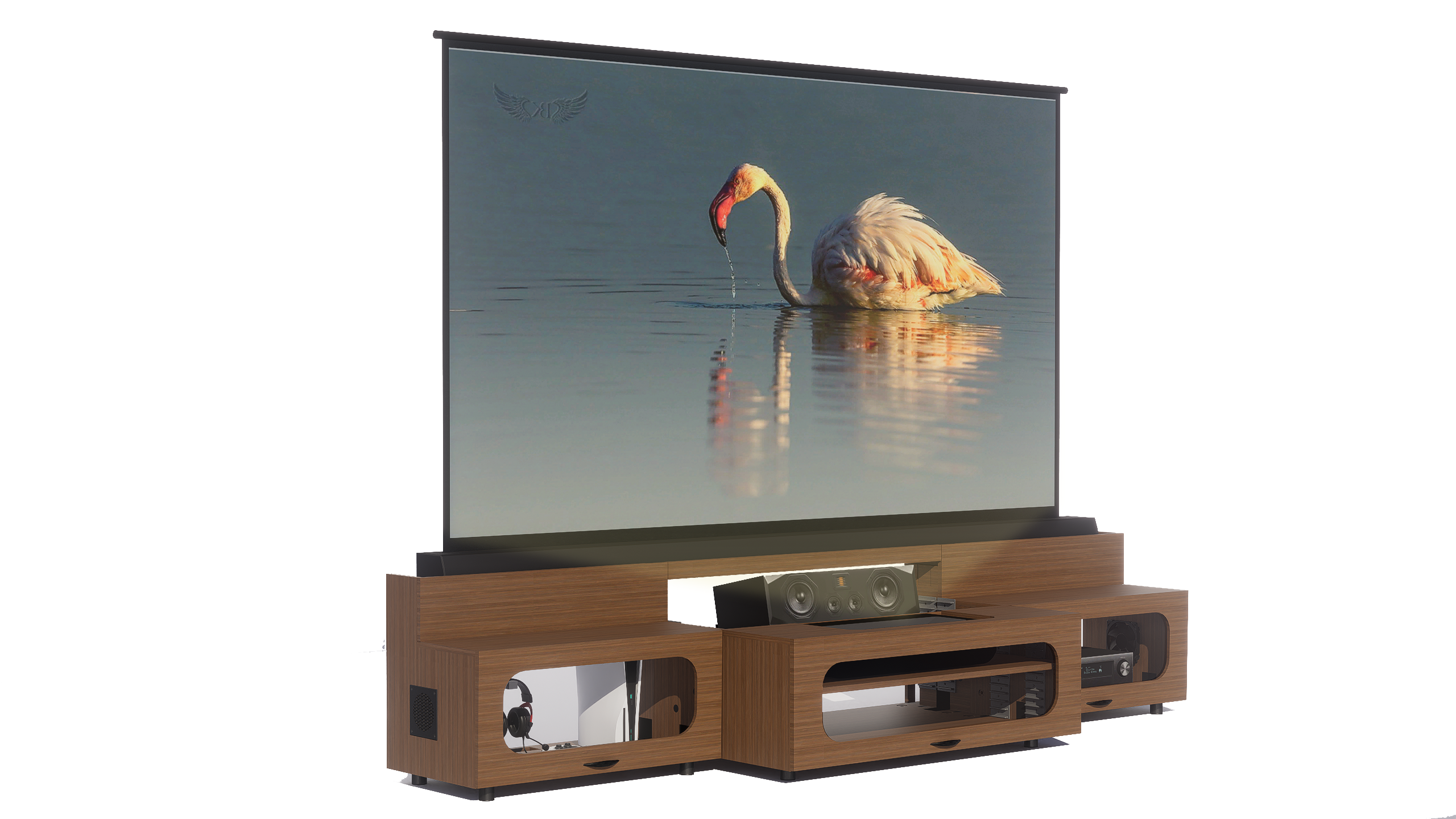 High Profile Sierra walnut Cabinet designed for integrating Ultra Short Throw Projector,Center Channel and Floor raising screen with elegant doors.