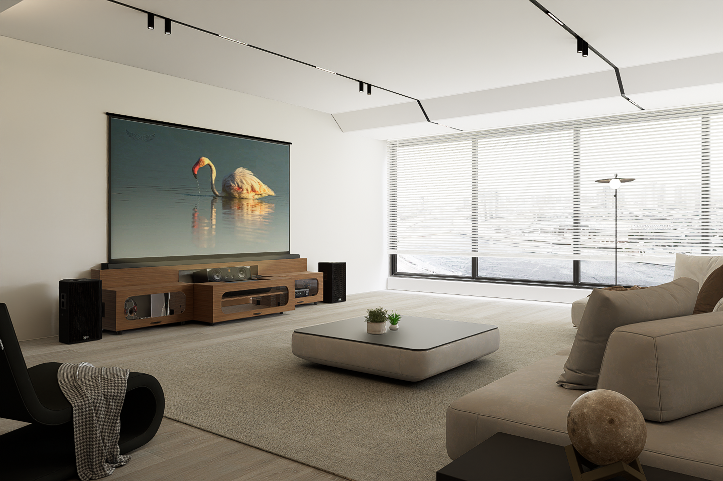 High Profile Sierra walnut Cabinet designed for integrating Ultra Short Throw Projector,Center Channel and Floor raising screen with elegant doors.