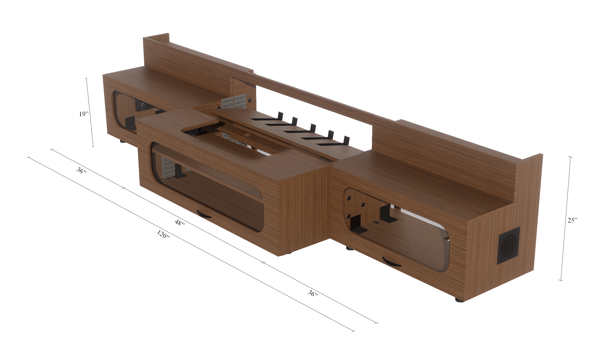 High Profile Sierra walnut Cabinet designed for integrating Ultra Short Throw Projector,Center Channel and Floor raising screen with elegant doors.