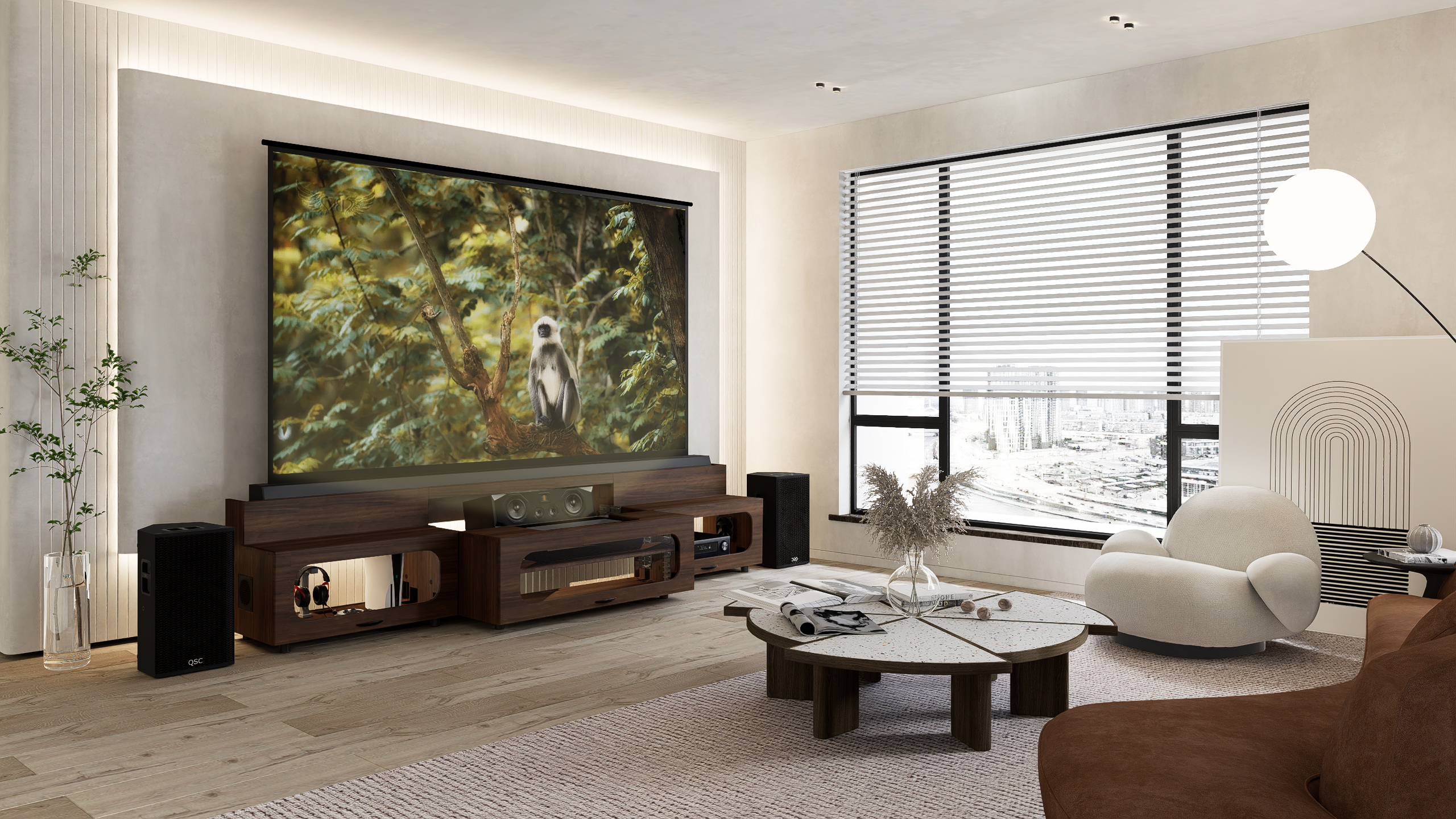 High Profile Columbian walnut Cabinet designed for integrating Ultra Short Throw Projector,Center Channel and Floor raising screen with elegant doors.