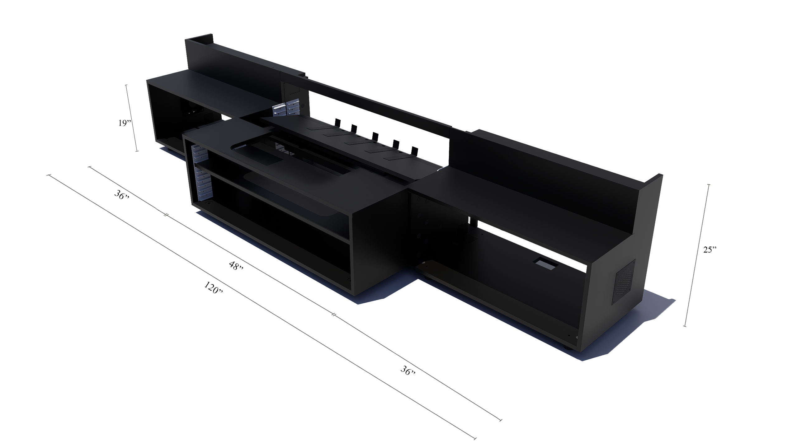 High Profile Black Cabinet designed for integrating Ultra Short Throw Projector,Center Channel and Floor raising screen with Open doors.