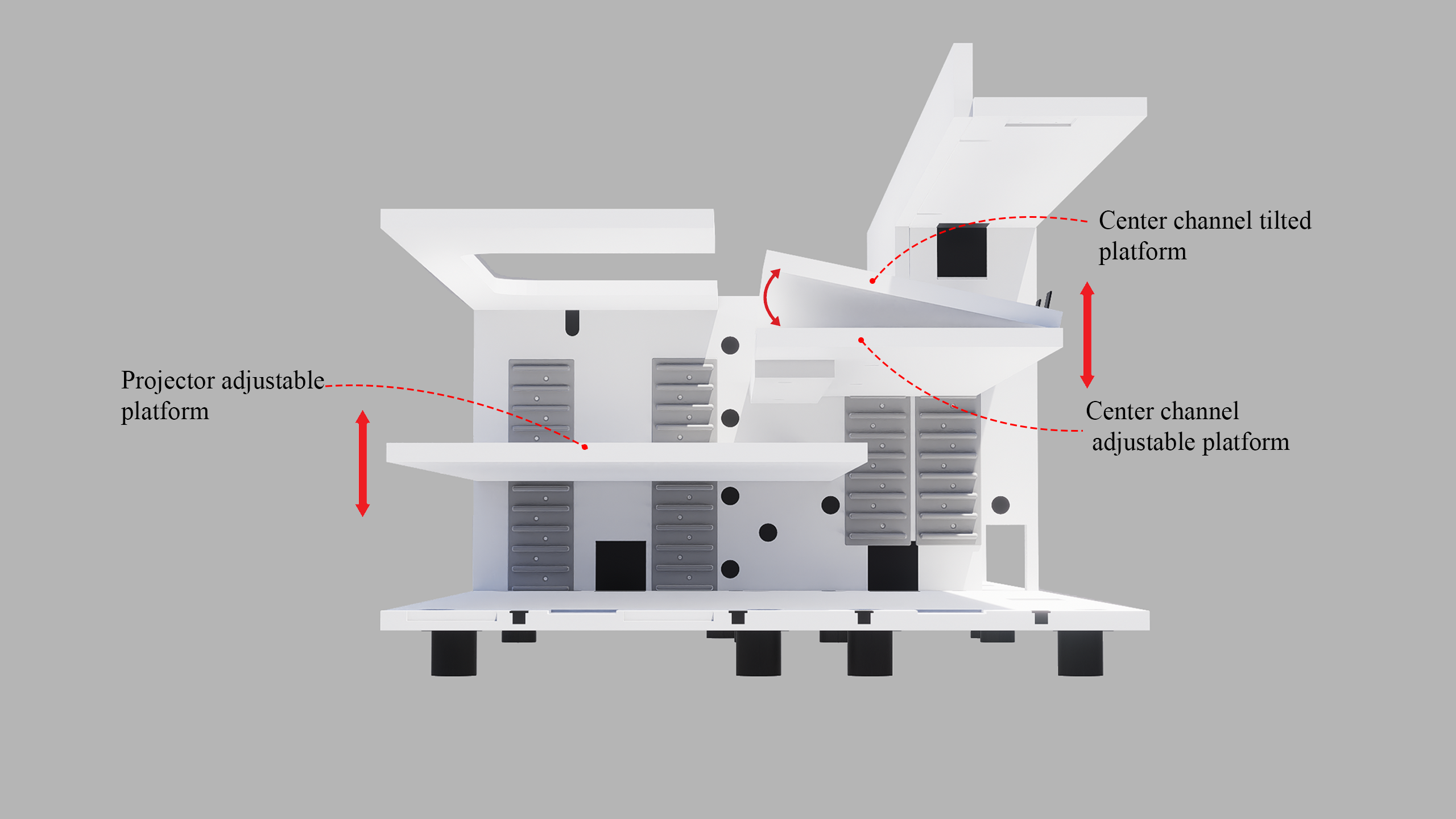 High Profile White Cabinet designed for integrating Ultra Short Throw Projector,Center Channel and Floor raising screen with Open doors.