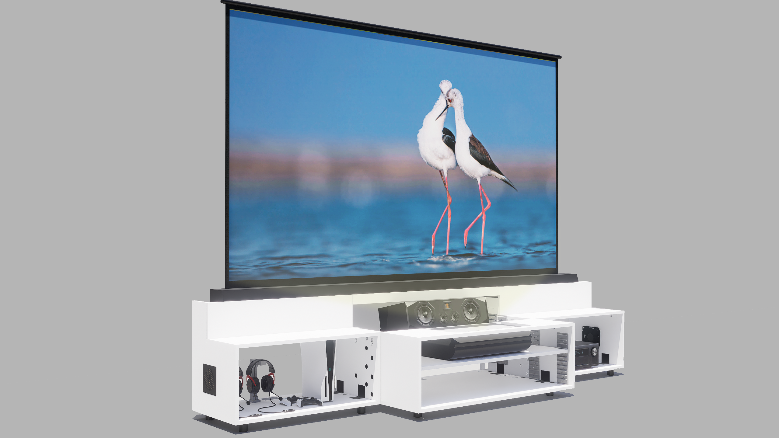 High Profile White Cabinet designed for integrating Ultra Short Throw Projector,Center Channel and Floor raising screen with Open doors.